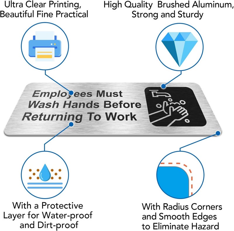 Faittoo Employees Must Wash Hands Before Returning to Work Sign, (4 Pack) Rust Free Brushed Aluminum Sign with Symbols, Self-adhesive, for Restaurant, Salons, Hotel, Rest Stops, Public Restrooms - Image 3